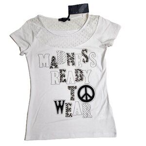 Madness National Womens White with Black & Gold Bead Lettering Detail Top Size M